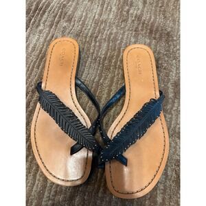 Coach Feather Thong Sandals Black Leather Flats Summer‎ Shoes 8.5 B